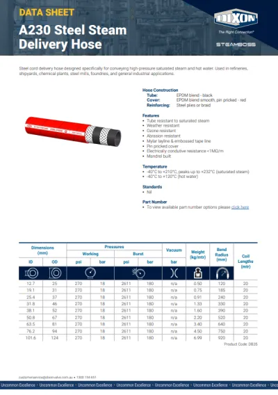 A230 Steel Steam Delivery Hose